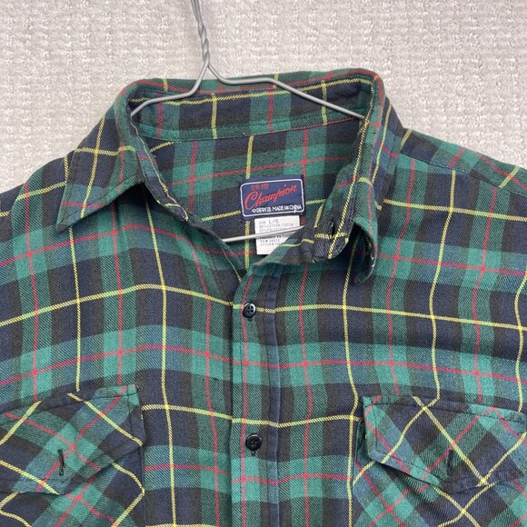 Vintage  Champion Plaid Cotton Flannel Shirt Large Green/Red Workwear Button-Up - Picture 2 of 15